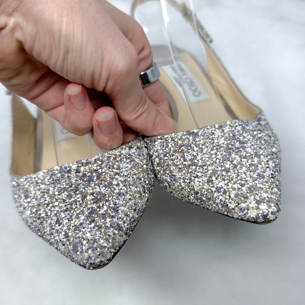 Jimmy Choo Erin 60 Platinum Glitter Pointed Toe Slingback Kitten Heel Pumps 38 - Picture 7 of 16